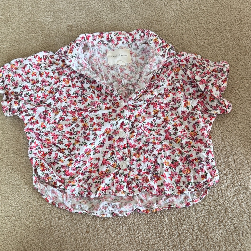 Aeropostale Kids Floral Button Down Shirt - Red and Pink
